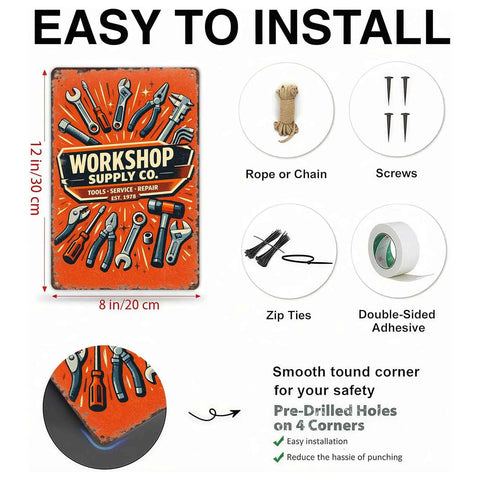 Tool Themed Vintage Metal Wall Art Sign 8x12 Inch For Garage Workshop Shed Man Cave Basement Decor Industrial Aluminum Rust Resistant Gift For Tool Lovers with rope, screws, zip ties and adhesive