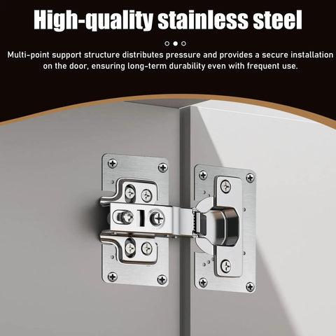 Close-up of stainless steel hinge from 20-Piece Cabinet Hinge Repair Kit With Upgraded Half Square Plates And Screws installed on cabinet door