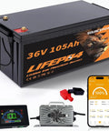 36V 105Ah LiFePO4 Golf Cart Battery With 200A Smart BMS, LCD Display And App Monitor, charger shown