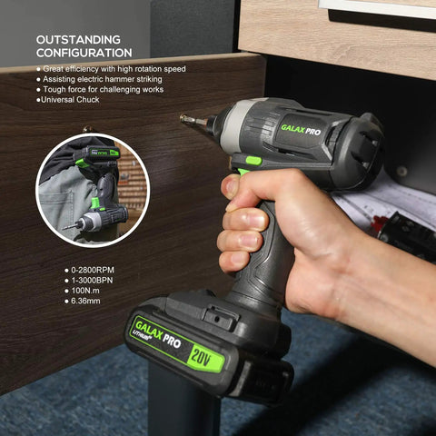 Cordless Drill Driver And Impact Driver Kit With 1.3Ah Battery, charger, 11 piece accessory set, shown in use on wooden surface