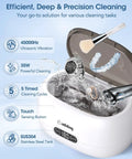 Ultrasonic Cleaning Machine 650mL Ring Cleaner showcased with glasses, dentures, watch strap, and razors in SUS304 stainless steel tank