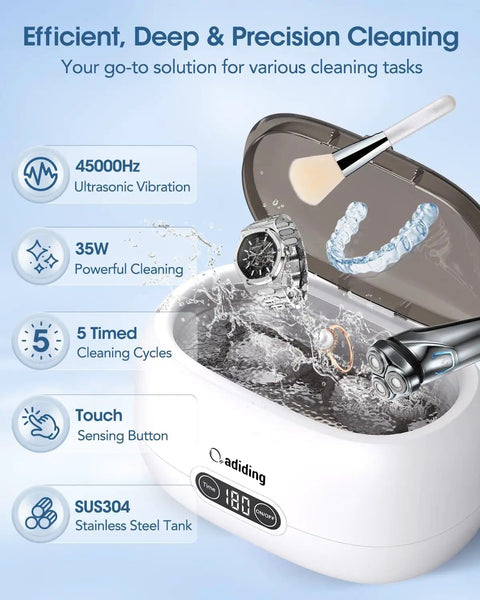 Ultrasonic Cleaning Machine 650mL Ring Cleaner showcased with glasses, dentures, watch strap, and razors in SUS304 stainless steel tank