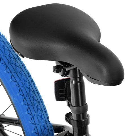 Close-up of seat and blue tire on 24 Inch Kids Freestyle BMX Bike For Beginners For Boys And Girls Aged 7 To 12, Durable Hi Ten Steel Frame