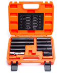 Half Inch Drive Spline Lug Nut Socket Set 10 Piece With Impact Square End For Spline And Hex Wheel Lock Removal in orange case
