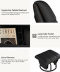 360 Degree Swivel Glider Recliner With Ottoman And Foot Rest Plus 2 Side Pockets For Nursery Living Room Bedroom Or Office Black Built In Tilt And Rocking Comfort Ideal Nursing Glider features supportive padded backrest, large side pocket, and extra ottoman.