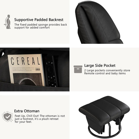 360 Degree Swivel Glider Recliner With Ottoman And Foot Rest Plus 2 Side Pockets For Nursery Living Room Bedroom Or Office Black Built In Tilt And Rocking Comfort Ideal Nursing Glider features supportive padded backrest, large side pocket, and extra ottoman.