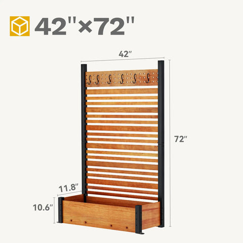 72 Inch Outdoor Privacy Fence Panel With Planter Box And Trellis For Backyard And Patio Privacy Brown Natural Wood With Classic Grain Hides Trash Cans And AC Units One Panel For A Yard Upgrade With A Cool Outdoor Screen, detailed view with measurements.