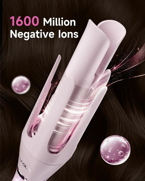 Close-up of pink 5 In 1 Auto Curling Iron Set With Interchangeable Barrels showing 1600 million negative ions