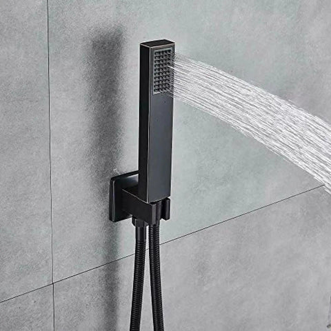 Kick Back And Soak With This Slick Wall Mounted Led Rain Shower Head And Thermostatic Mixer Valve Plus Six Massage Body Sprays And Handheld Combo Set Black handheld shower head with water stream against a gray wall.