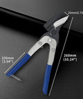Heavy Duty Ten Inch Aviation Metal Snips For Cutting Hardware Cloth Metal Sheet Carpet Cardboard With Offset Blade Design And CrV Steel Construction Built For Pro Grade Tough Industrial Jobs And Workhorse Performance showing size dimensions.