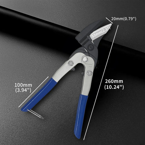 Heavy Duty Ten Inch Aviation Metal Snips For Cutting Hardware Cloth Metal Sheet Carpet Cardboard With Offset Blade Design And CrV Steel Construction Built For Pro Grade Tough Industrial Jobs And Workhorse Performance showing size dimensions.