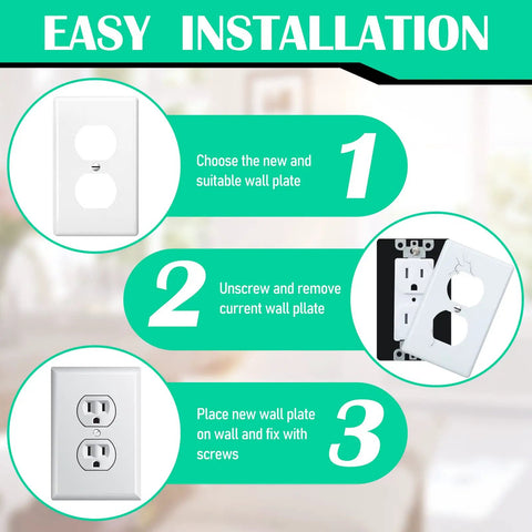 Installation steps for Bulk 50 Pack White Outlet Covers Duplex Wall Plates 1 Gang Standard Size 4.50 x 2.76 Inch Polycarbonate