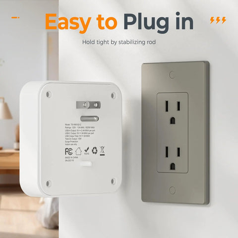 Frictionless Multi Plug Outlet Extender With Four AC Power Jacks And Three Fast USB Charging Ports Smooth Design Wall Tap Installed