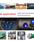 Five Pack 12V Round Waterproof Rocker Switches with Blue LED for cars, boats, RVs, illustrated with applications in vehicles and watercraft