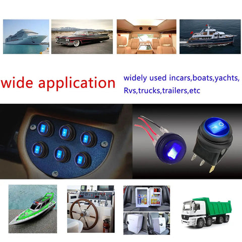 Five Pack 12V Round Waterproof Rocker Switches with Blue LED for cars, boats, RVs, illustrated with applications in vehicles and watercraft