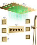 Slick 15 By 23 Inch Rectangular LED Shower Setup With Antique Brass Finish And Integrated Bluetooth Speakers featuring rainfall and body jets.