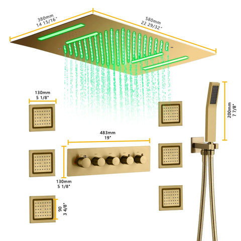Slick 15 By 23 Inch Rectangular LED Shower Setup With Antique Brass Finish And Integrated Bluetooth Speakers featuring rainfall and body jets.