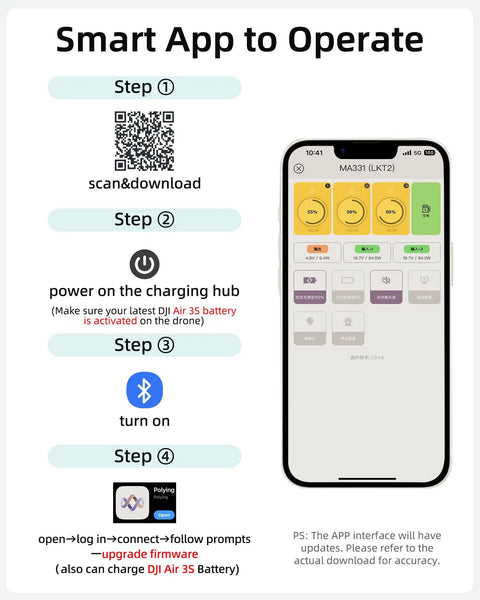 QR code and mobile app for Parallel Charging Hub for DJI Air 3 and Air 3S Drones with 200W USB-C Charger setup steps.