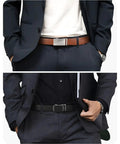 Men's Leather Ratchet Belt 2 Pack With Custom Fit Up To 1.5 Inches, Easy Click Buckle shown in brown and black, 35mm wide