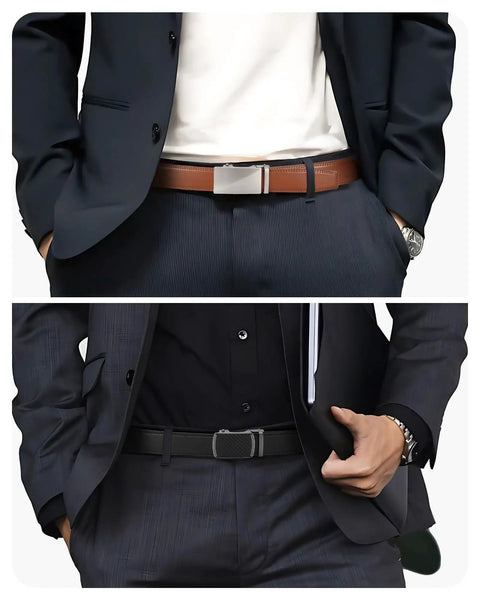 Men's Leather Ratchet Belt 2 Pack With Custom Fit Up To 1.5 Inches, Easy Click Buckle shown in brown and black, 35mm wide