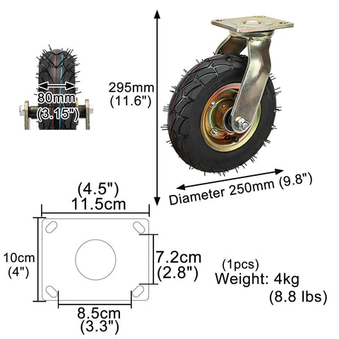 8 Inch Pneumatic Caster Wheel Heavy Duty Swivel Caster Built Like A Tank For Garage Workbench And Utility Carts Silent Rubber Tire Shock Absorbing Design Smooth As Butter Roll Easy with dimensions and weight shown.