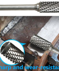Beefed Up Pro Grade Tungsten Carbide Rotary Burr Set For Die Grinders One Quarter Inch Shank in use on metal edge