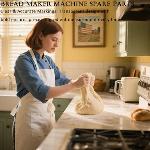 Person kneading dough in kitchen with 3-Piece Bread Machine Accessories Kit With 300ml Measuring Cup, Durable Spoon, and Paddle Tool