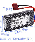 Two Pack 7.4V 1800mAh LiPo Battery With T Plug For 1 To 10 Scale 4WD RC Cars And Trucks Fits Models Like 9201E And 9125