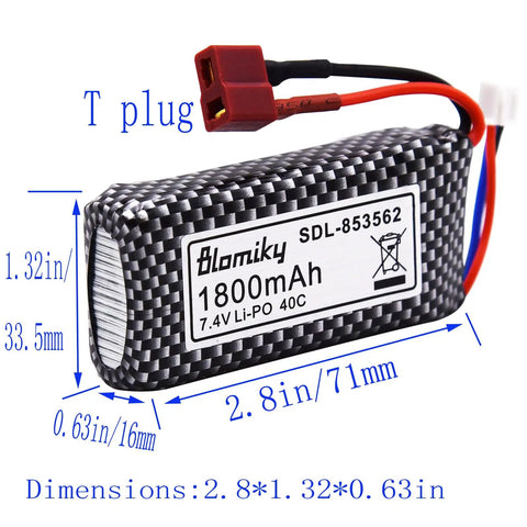 Two Pack 7.4V 1800mAh LiPo Battery With T Plug For 1 To 10 Scale 4WD RC Cars And Trucks Fits Models Like 9201E And 9125