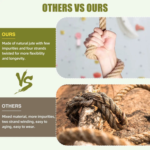 Comparison of Rugged Heavy Duty Natural Jute Rope with hand gripping twisted rope in focus vs mixed material aging rope