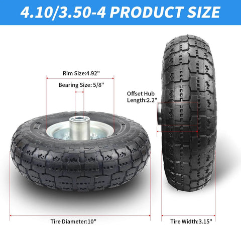 Two Pack 10 Inch Pneumatic Wheel Set With 4.10/3.50-4 Tire And 5/8 Inch Bearings, 2.2 Inch Offset Hub dimensions displayed