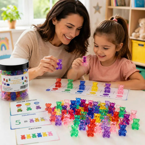 Kid Approved Counting Bears And Math Counters With Storage Bin Montessori Color Sorting Toys For Toddlers Preschool STEM learning with mom and child.