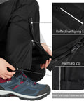 Women's Lightweight Waterproof Rain Pants with Breathable Mesh Lining Fully Sealed Seams Windproof Overpants for Hiking with close-up reflective piping and half leg zip.