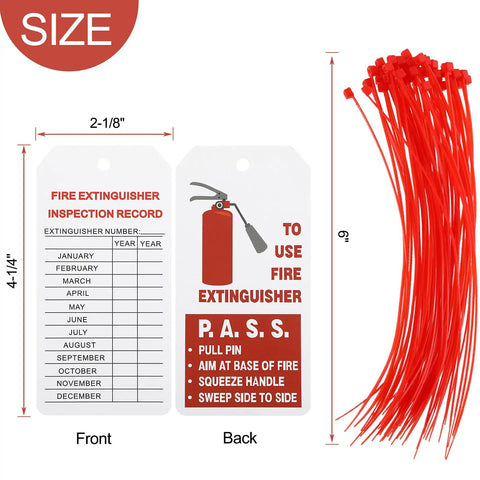 50 Pack Fire Extinguisher Tags With Adjustable Wire Ties 4 Point 2 By 2 Point 1 Inches Waterproof For Monthly Inspections Indoor And Outdoor Use No Fuss Hang Tags And Keep Recharge And Inspection Records shown with red ties