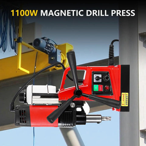 Heavy Duty Magnetic Drill Press Featuring Beefy 1650 Watt Motor And Rock Solid Electromagnetic Grip For Smooth One Point Six Inch Steel Core Drilling On Job Sites, shown with controls and drill bit.