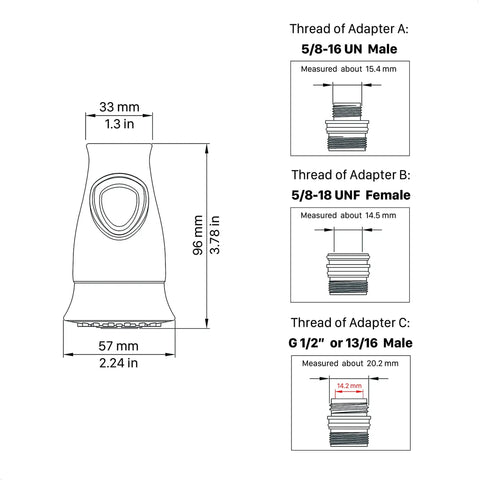 Diagram showing dimensions and threads for Universal Kitchen Faucet Sprayer Head With 3 Adapters, Brushed Nickel Pull-Down Replacement.