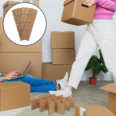 10 Pack Small Size Shipping Carton Dividers With Interlocking Compartments shown with moving boxes in a room setup