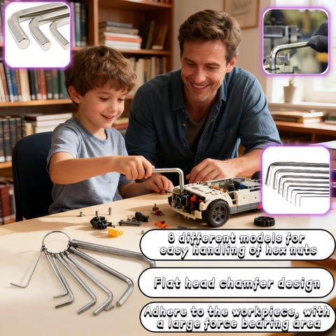 Father and son using Pro 8-Piece Metric Hex Key Set With L-Shaped Allen Wrenches And Key Ring, 1.5-6mm Sizes, for DIY model car assembly.