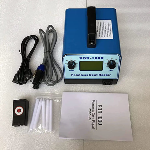Paintless Dent Repair Tool Kit With 1000W Induction PDR Heater Hotbox, cables, manual, and accessories.