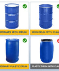 Four blue 55-gallon drums: ordinary iron drum, iron drum with clamp, ordinary plastic drum, plastic drum with clamp.
