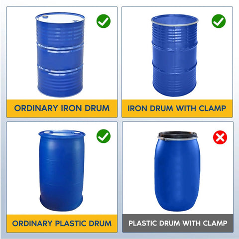 Four blue 55-gallon drums: ordinary iron drum, iron drum with clamp, ordinary plastic drum, plastic drum with clamp.
