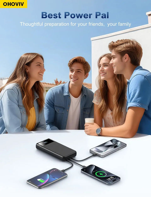Heavy Duty Beast Mode Portable Charger Power Bank With Massive 50000 Mah Capacity And Four Built In Cables for group smartphone charging.
