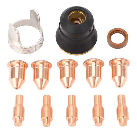 Ultimate 13PC Plasma Cutting Consumables Kit With Tough Nozzles For Harbor Freight 45A Welder showing electrodes and nozzles.