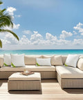 Outdoor 18x18 Inch Waterproof Pillow Inserts Pack Of 2 on a wicker sofa set by the beach, showing water-resistant design.