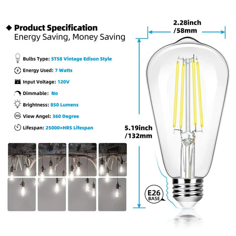 Vintage Style LED Edison Bulbs 12 Pack 7W 60W Equivalent 850 Lumens 5000K Daylight White E26 Base Filament Bulbs CRI90 details
