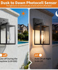 Dusk To Dawn Outdoor Wall Light With Automatic Sensor Solid Black Metal Coach Lantern waterproof porch fixture showing on/off states.