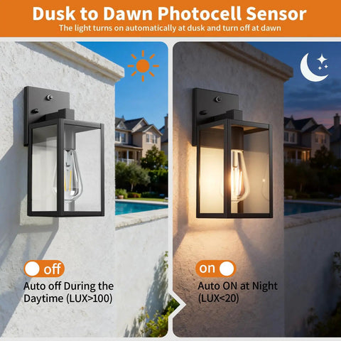 Dusk To Dawn Outdoor Wall Light With Automatic Sensor Solid Black Metal Coach Lantern waterproof porch fixture showing on/off states.