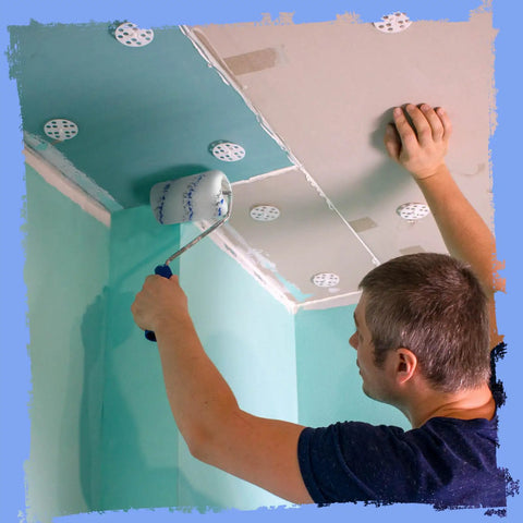 Person using the 30 Piece Pro Grade Microfiber Paint Roller Covers Set 4 Inch Naps For Smooth Even Coverage Replacement on a ceiling.