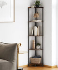 Five Tier Corner Shelving Unit Super Sturdy Storage Rack No Fuss Setup, compact design in corner with plants and books.