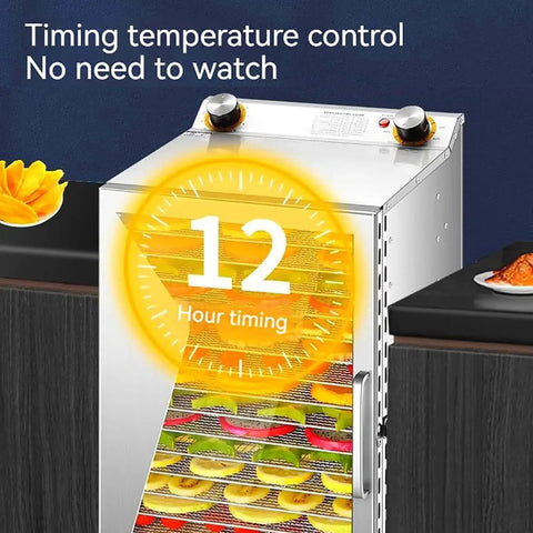 Real Talk Four Hundred Watt Freeze Dryer Machine With Multi Layer Trays Smart Digital Thermostat showing 12-hour timer display.